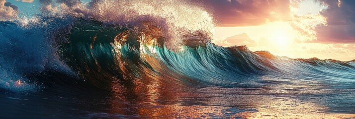 Wall Mural - Majestic Ocean Waves Illuminated by Sunset Glow Captured in Stunning Detail for Nature Photography Enthusiasts and Stock Image Collectors