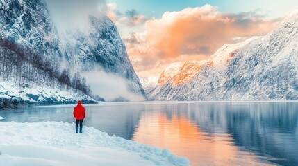 Wall Mural - Solitude in a Winter Wonderland: A Man Contemplates the Majestic Norwegian Fjord at Sunrise