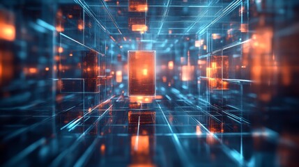 Wall Mural - Abstract digital corridor with glowing orange and blue lines and cubes. The image evokes a sense of futuristic technology and endless possibilities.