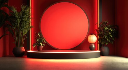 Wall Mural - A 3D rendering of a red background with a circular stage, surrounded by green plants in black pots and traditional lanterns. Perfect for Chinese New Year promotions, event invitations