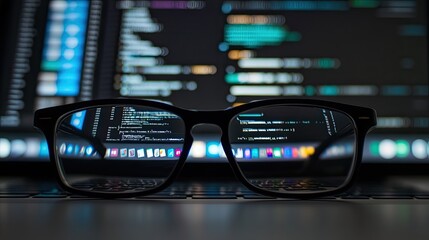 Glasses reflecting code on laptop screen at night.