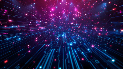 Abstract technology background with glowing particles and interconnected lines, in vibrant blue and pink hues. Ideal for digital, network, and futuristic concepts.

