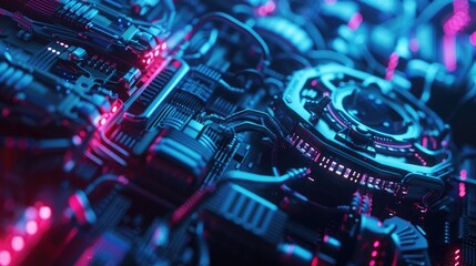 Wall Mural - a close-up view of intricate, futuristic circuitry with vibrant neon lighting.