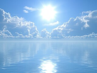 Wall Mural - Sunny day, ocean, blue sky, white clouds, calm sea, bright sunlight reflection.