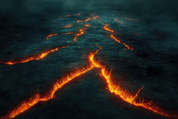 Canvas Print - Molten lava flows through cracks in dark earth