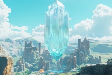 Wall Mural - Crystal Shard Hovers Above Ancient City Landscape