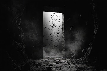 Wall Mural - Bats Swarm Dark Cave Entrance Light