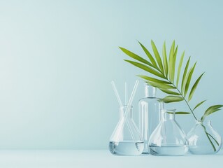 Sticker - A serene arrangement of glassware and a leaf, suggesting scientific exploration and nature.