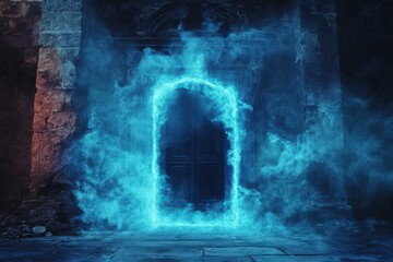 Wall Mural - Ancient Doorway Enveloped In Ethereal Blue Flames