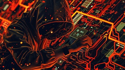 Wall Mural - a hooded figure interacts with a glowing circuit board, symbolizing technology and hacking.