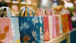 © pngking - Elegant collection of colorful luxury shopping bags displayed in a stylish retail environment showcasing floral patterns and premium design.
