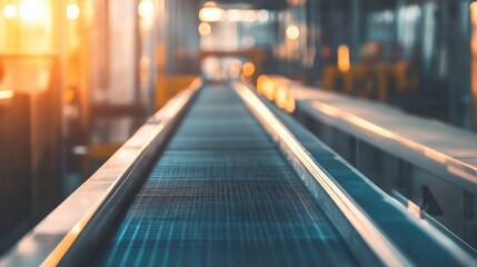 Wall Mural - Conveyor Belt Transporting Products in Modern Warehouse with Soft Focus Background in Logistics Environment During Golden Hour