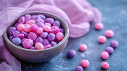 Colorful bowl of purple and pink candies on table with soft purple fabric creating a vibrant and inviting dessert display