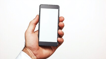 A man's hand displays a smartphone in vertical orientation with a white screen. Full depth of field, isolated on white background