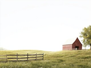 Wall Mural - A serene landscape featuring a red barn amidst rolling green hills and a wooden fence.