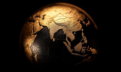 golden earth globe, asia highlighted.