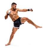 Full-body view of a pro combat fighter doing kick and punch pose on isolated background