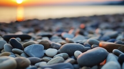 Poster - Beautiful Sunset Over Calm Water with Colorful Pebbles and Stones on a Serene Shoreline at Dusk