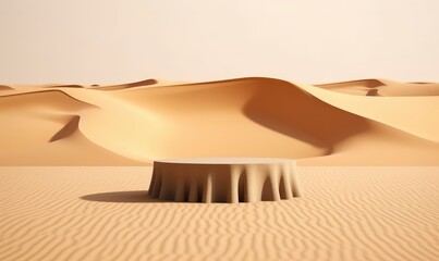 Poster - A Minimalist Podium Sitting on Sunlit Sand Dunes in a Vast Desert Landscape Under a Clear Light Sky