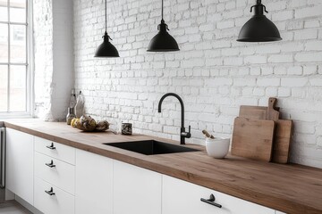 Poster - Modern kitchen with wood countertop, white cabinets, brick wall, and black fixtures.