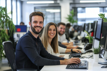 Software developers working together on computers in modern office