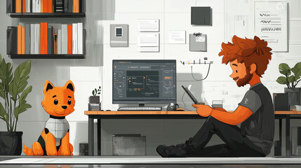 Young programmer working in a cozy modern workspace with a robotic cat by their side