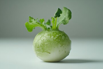 Wall Mural - Fresh green kohlrabi with leaves on white background.