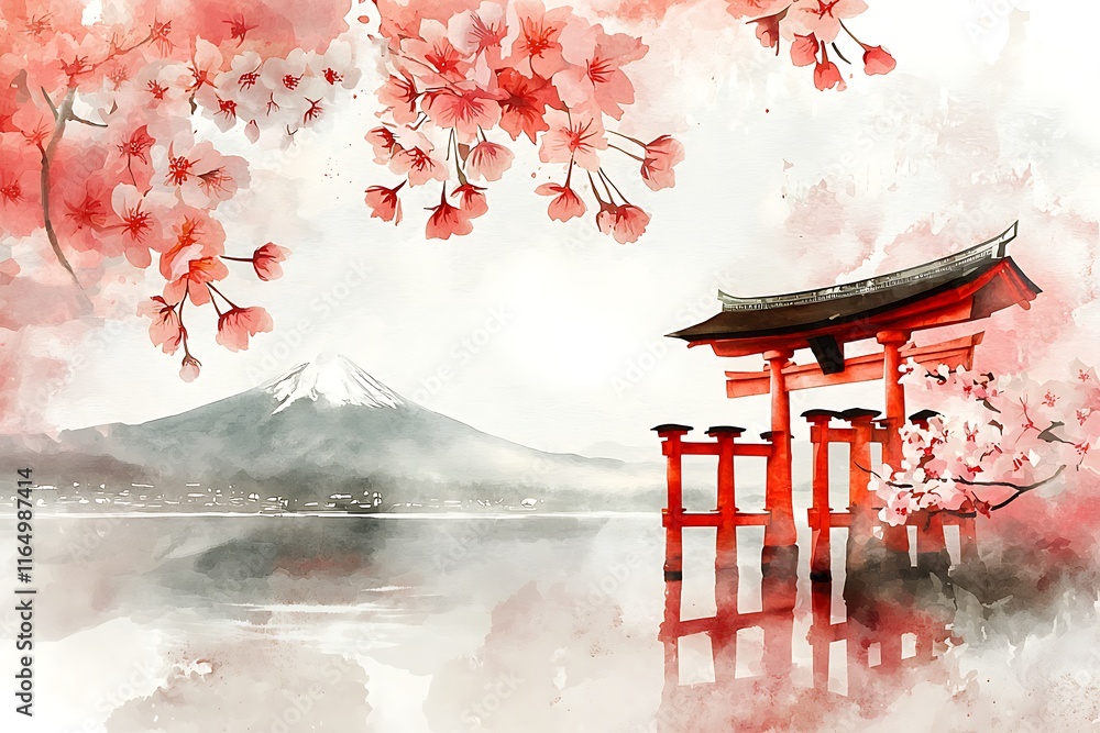 Watercolor painting of Mount Fuji, a traditional Japanese Torii gate ...