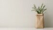 © Vanessa - A simple, elegant arrangement of greenery in a minimalist paper bag vase against a neutral wall, creating a serene and modern decor aesthetic.Sustainable living, green packaging, festivals, 3D