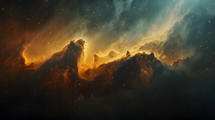 Cosmic Nebula Golden Hues Celestial Landscape