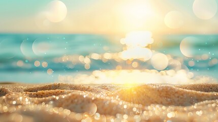Wall Mural - blurred tropical shoreline with sparkling ocean waves, golden sand, and dreamy bokeh sunlight in a s