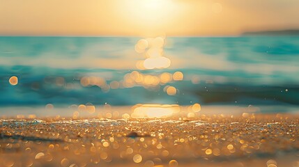 Wall Mural - blurred tropical shoreline with sparkling ocean waves, golden sand, and dreamy bokeh sunlight in a s
