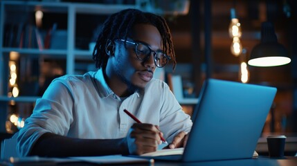 Leinwandbilder - A young professional writing in a notebook while working on a laptop in a modern coworking space.