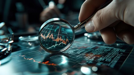 Leinwandbilder - A magnifying glass over a detailed stock market report with fluctuating data highlighted.