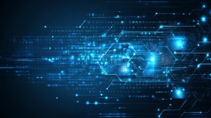 abstract digital background with glowing blue hexagons and data streams.