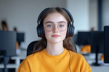 Wall Mural - Professional Young Woman Consultant Agent Working with Headphones in Office