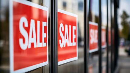 Clearance sale signs displayed prominently in store windows, attracting shoppers with enticing discounts and promotions, reflecting the excitement and urgency of retail bargains