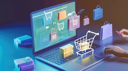 A digital shopping experience with a laptop displaying online shopping carts and gifts.