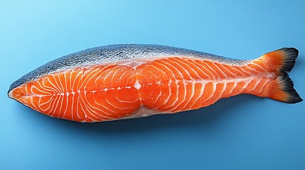 Wall Mural - Fresh salmon fillet on blue background, top view.