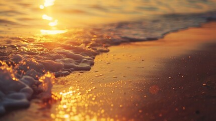 Wall Mural - closeup seaside sand reflecting orange and golden sunset skies, panoramic beach horizon, calm tropic