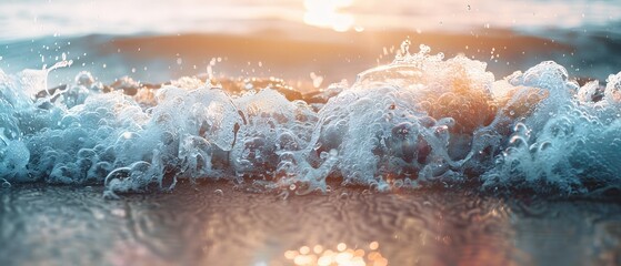 Wall Mural - serene close-up gentle sea wave lapping onto sunlit sandy beach background