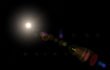 Lens flare, glow light effect on black. rays light effects, overlays or flare for design. screen blending mode. Set of abstract sun burst, flare, glare over black background.