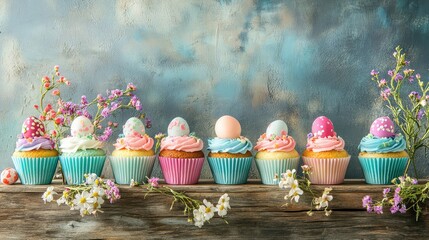 Canvas Print - A row of pastel-themed Easter cupcakes displayed on a rustic wooden table, surrounded by edible flowers.