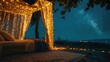 © john - Outdoor bed setup with an open tent, draped in string lights, overlooking a starry night sky