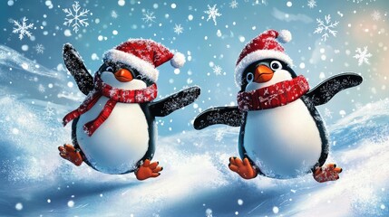 Wall Mural - Playful Christmas penguins sliding on ice with festive hats and scarves, surrounded by snowflakes