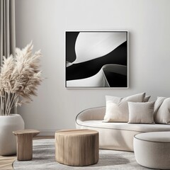 Wall Mural - Contemporary living room interior with luxurious wall mounted mock-up frame, designed for modern home setting.