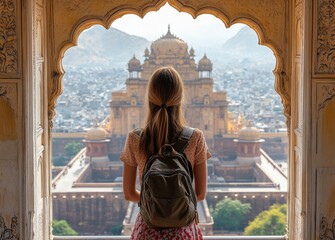 woman wearing casual and a backpack standing in front of the Amber Fort