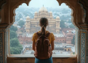 woman wearing casual and a backpack standing in front of the Amber Fort