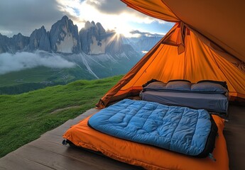 a tent with a blue blanket and a view of mountains