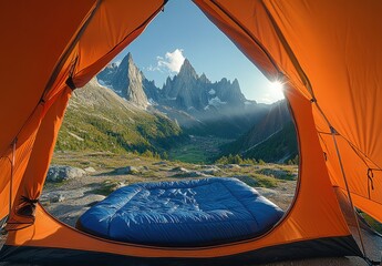 a tent with a blue blanket and a view of mountains